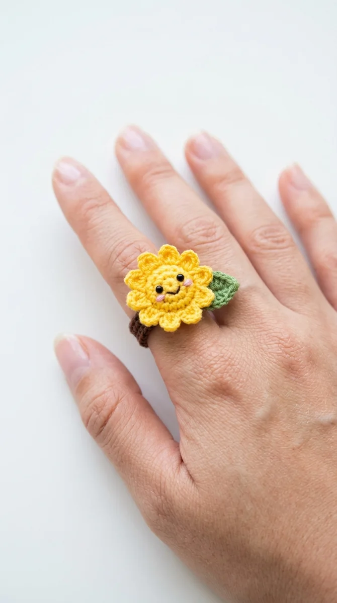 Illustrative AI concept image of a sunflower crochet ring worn on a finger