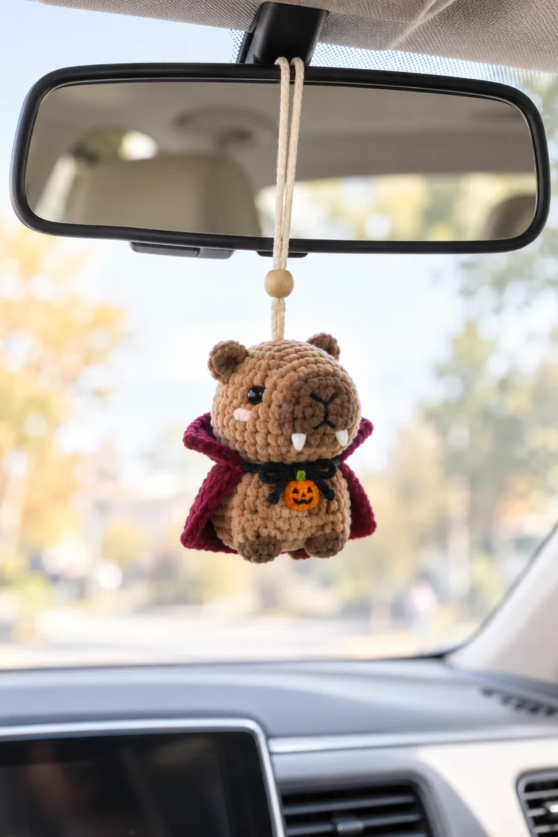 AI concept of a brown crochet capybara with a burgundy vampire cape and pumpkin accent