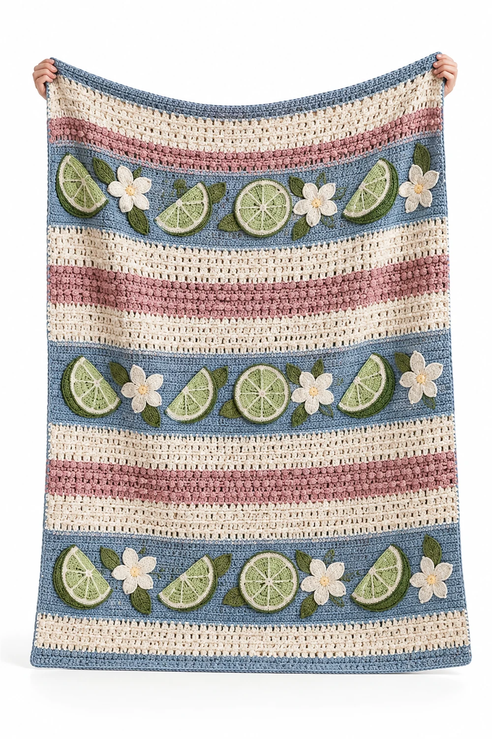 Blue crochet throw with lime blossom tapestry stripes