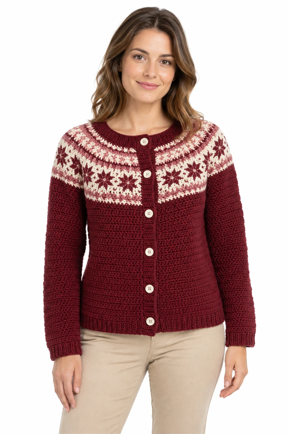 Burgundy crochet cardigan with Fair Isle patterned yoke