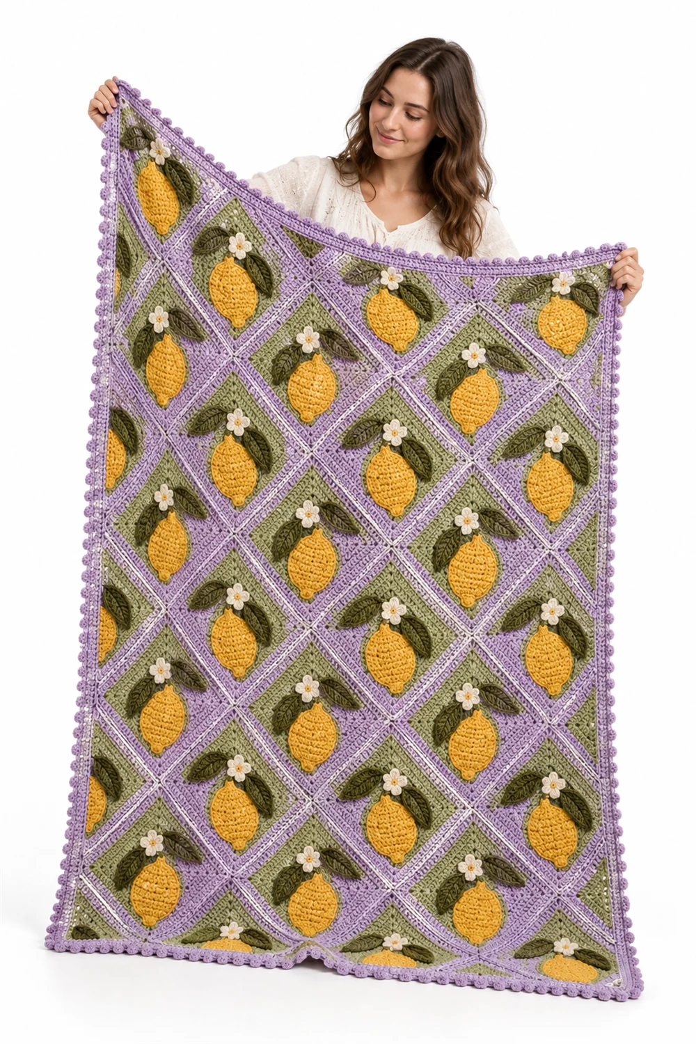 Crochet throw blanket with citron yellow diagonal medallions