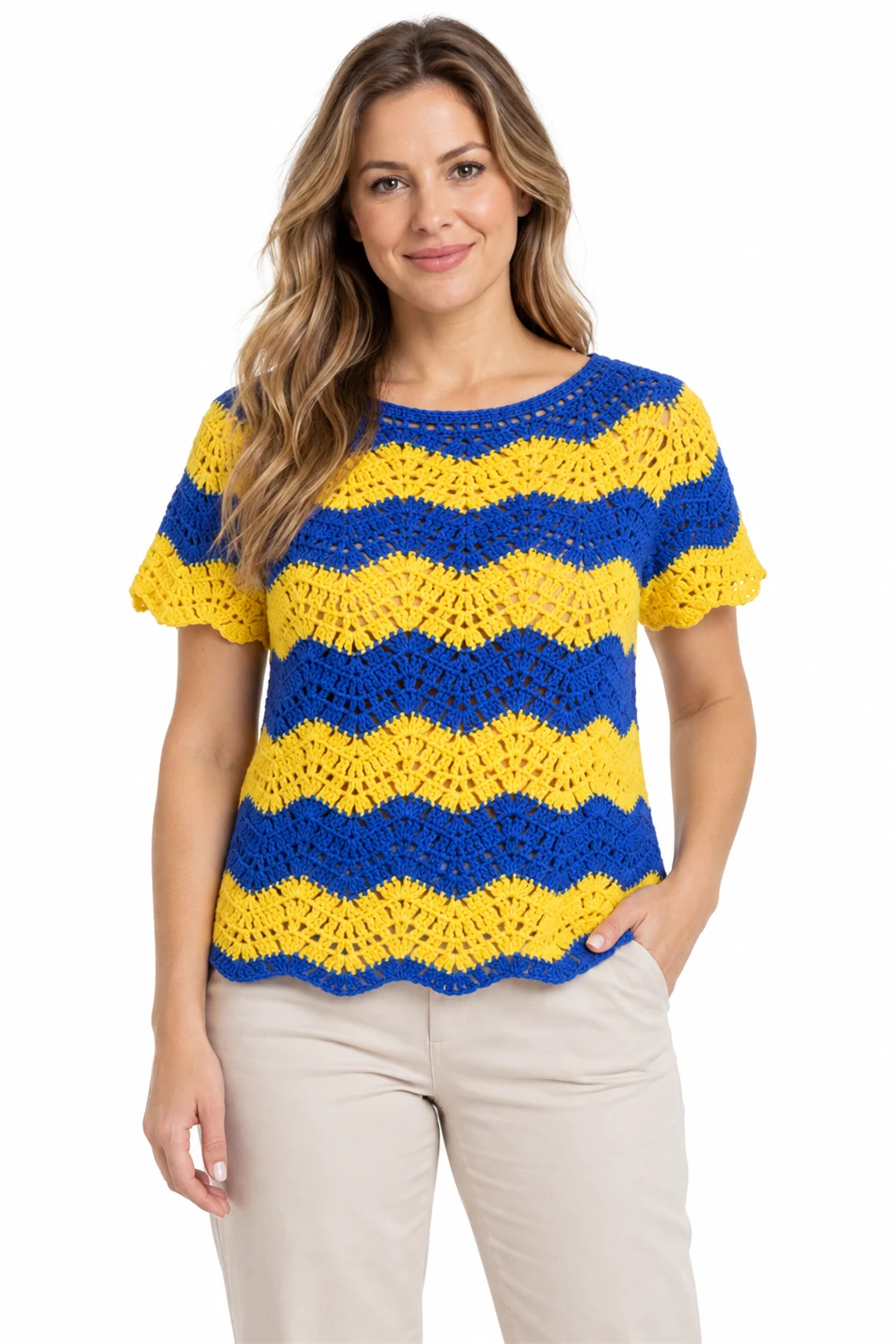 Cobalt blue and lemon yellow wave striped crochet blouse