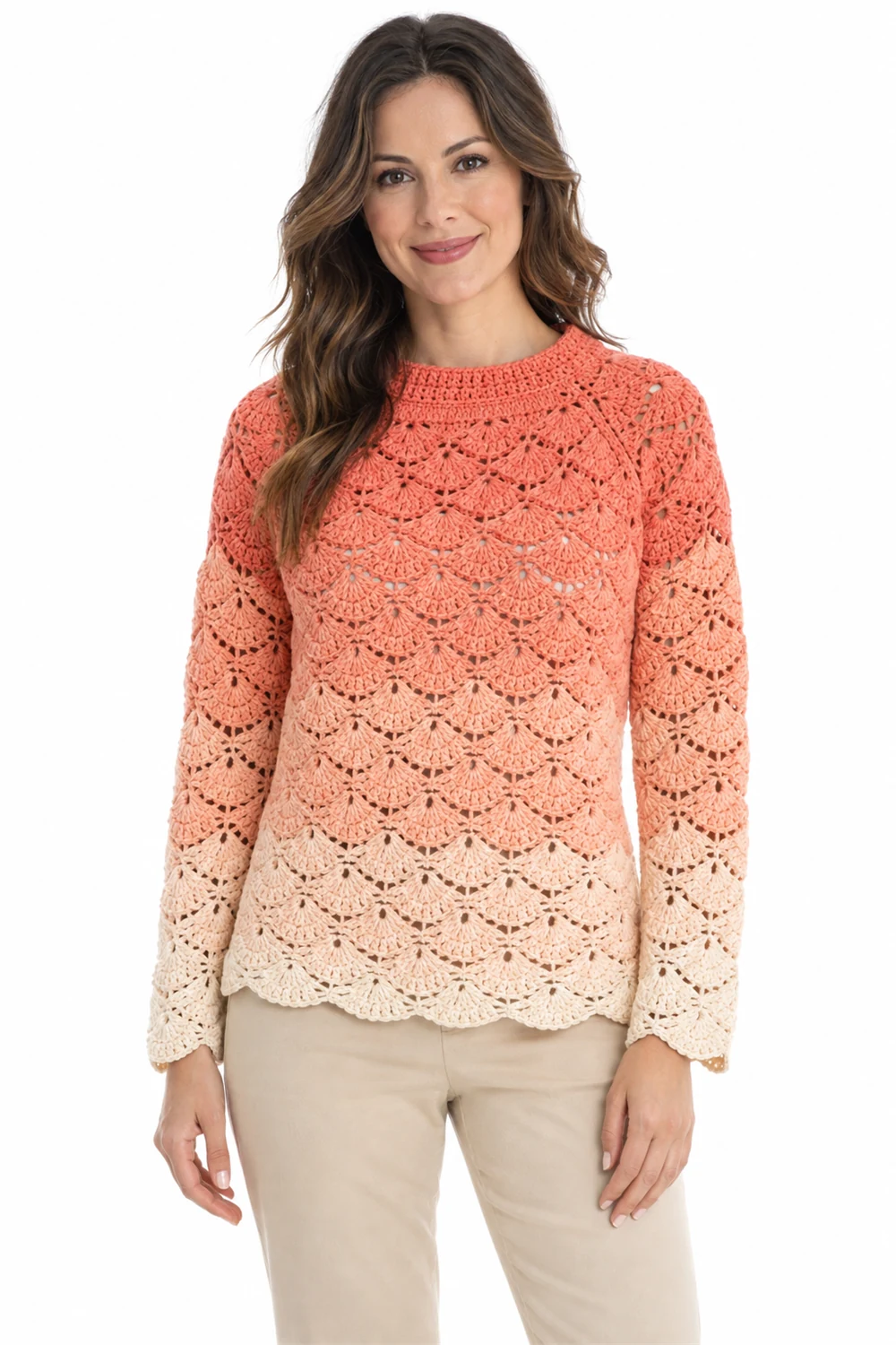 Coral peach ombre crochet raglan top