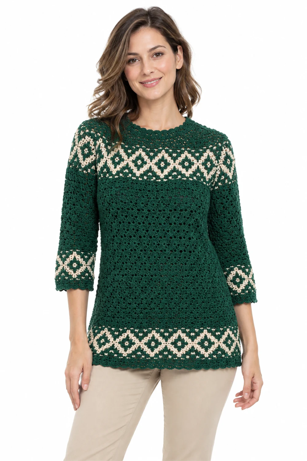 Emerald green mosaic crochet tunic top