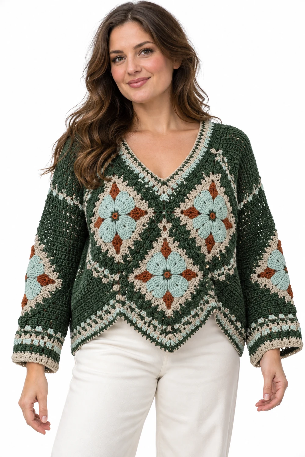 Forest green loose V-neck crochet pullover with compass petal pattern
