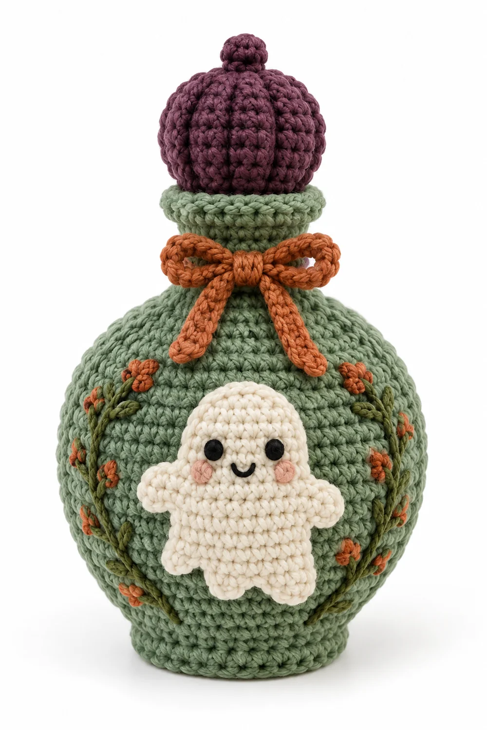 Jade green crochet potion-style perfume bottle cover
