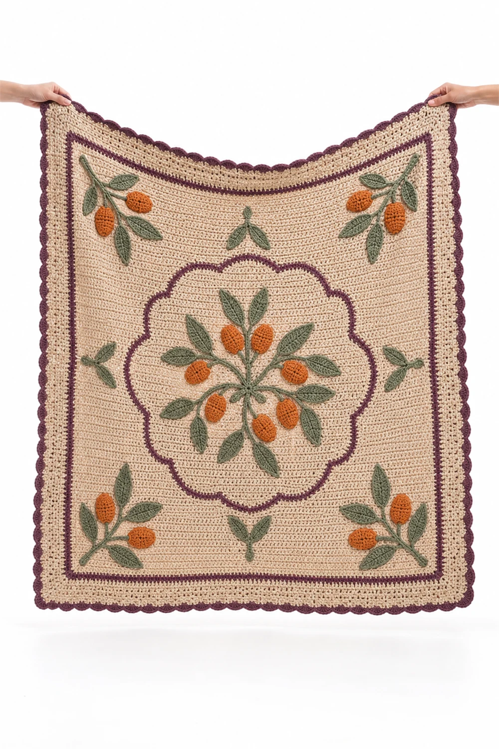 Crochet throw blanket with kumquat orange center motif