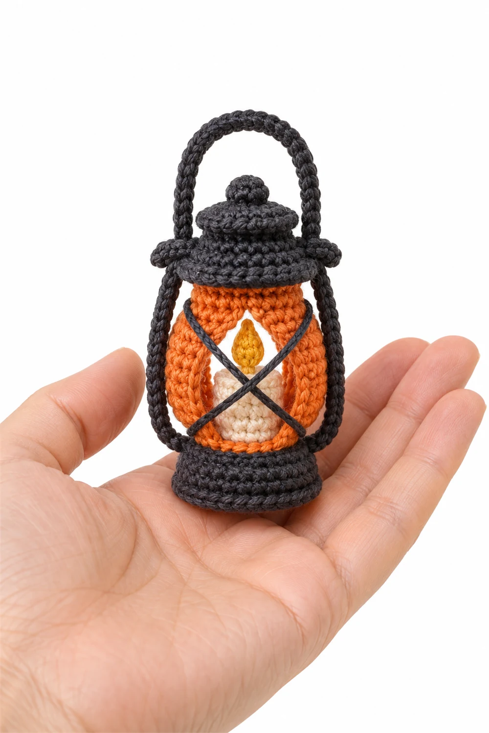 Miniature orange crochet lantern decoration