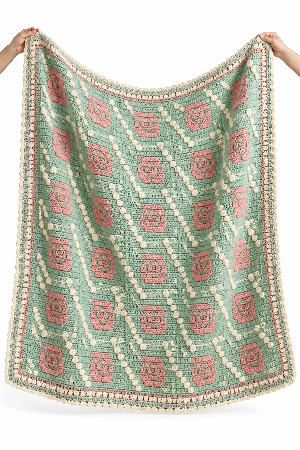 Mint green crochet blanket with thread spool patch motifs