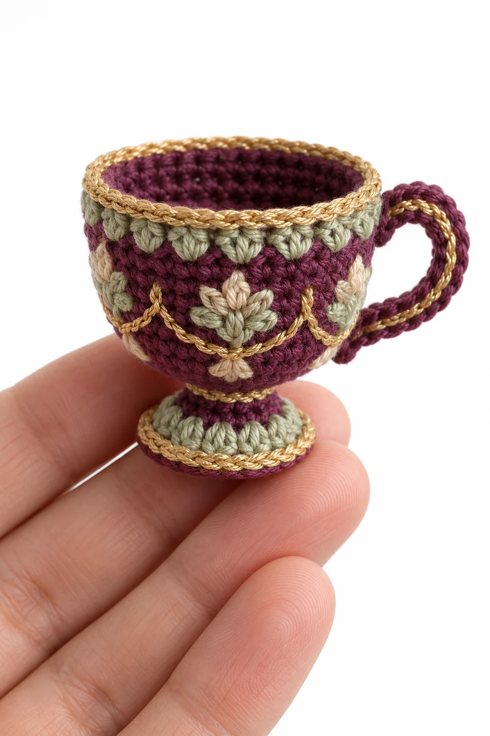 Miniature mulberry crochet footed cup with golden kintsugi seam
