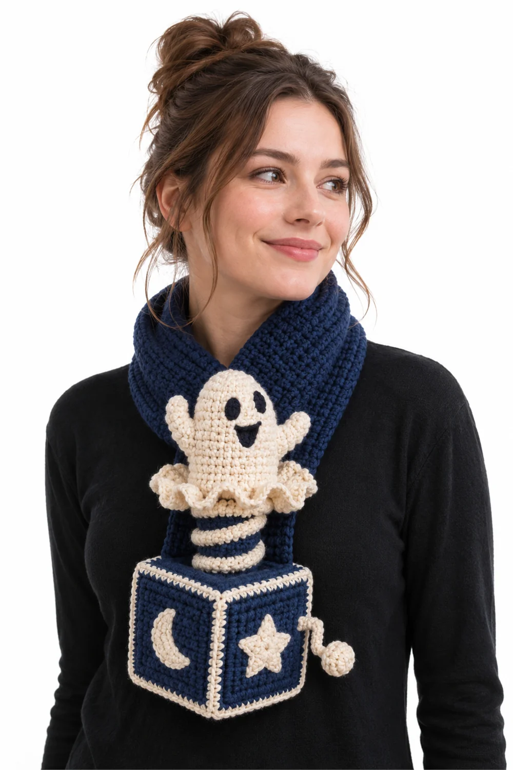 Navy blue crochet jack-in-the-box with ghost surprise