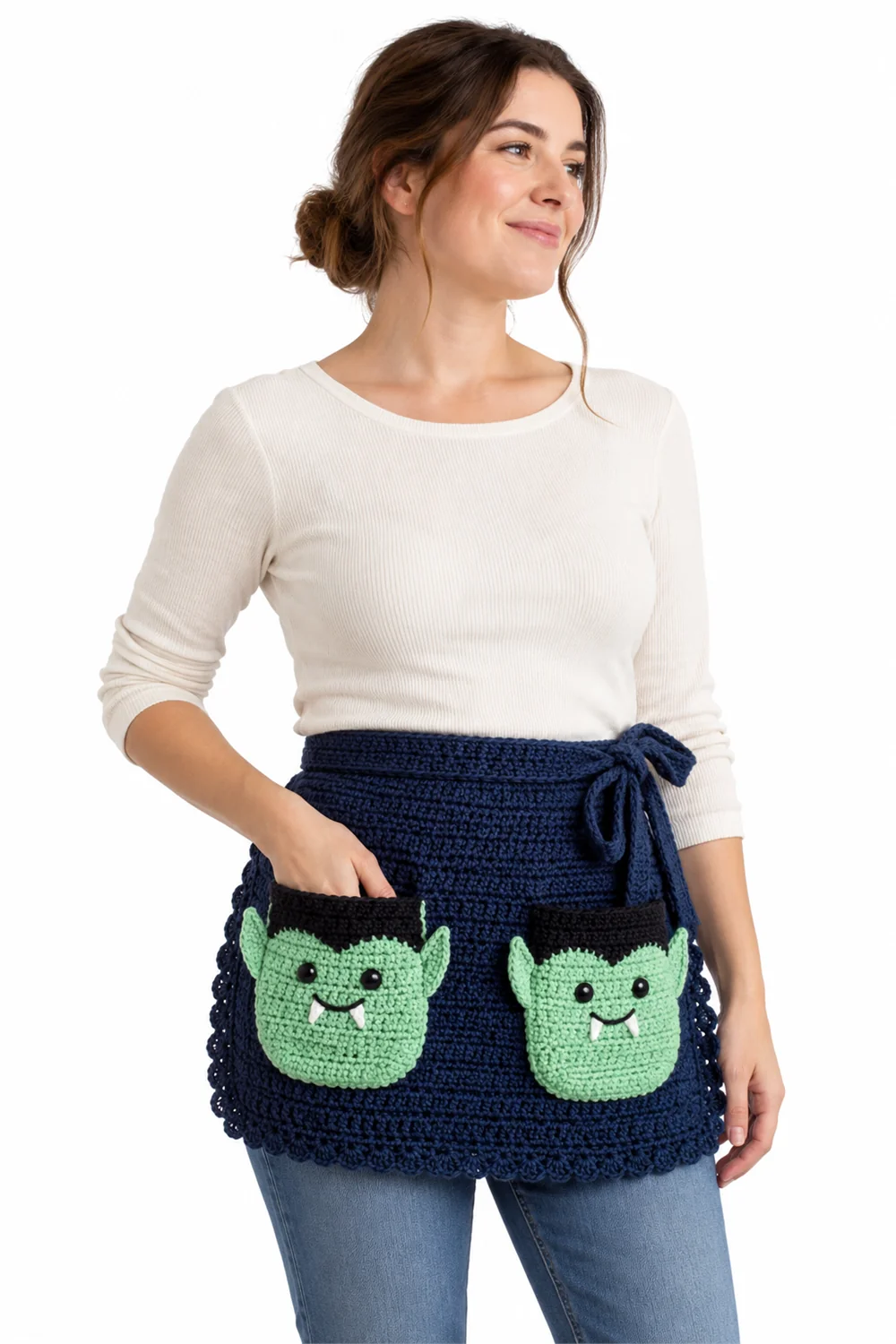 Navy blue crochet half apron with pocket