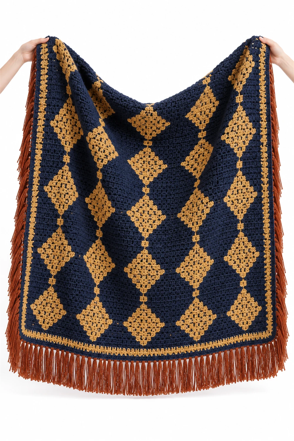 Navy blue crochet blanket with interlocking loom diamond pattern
