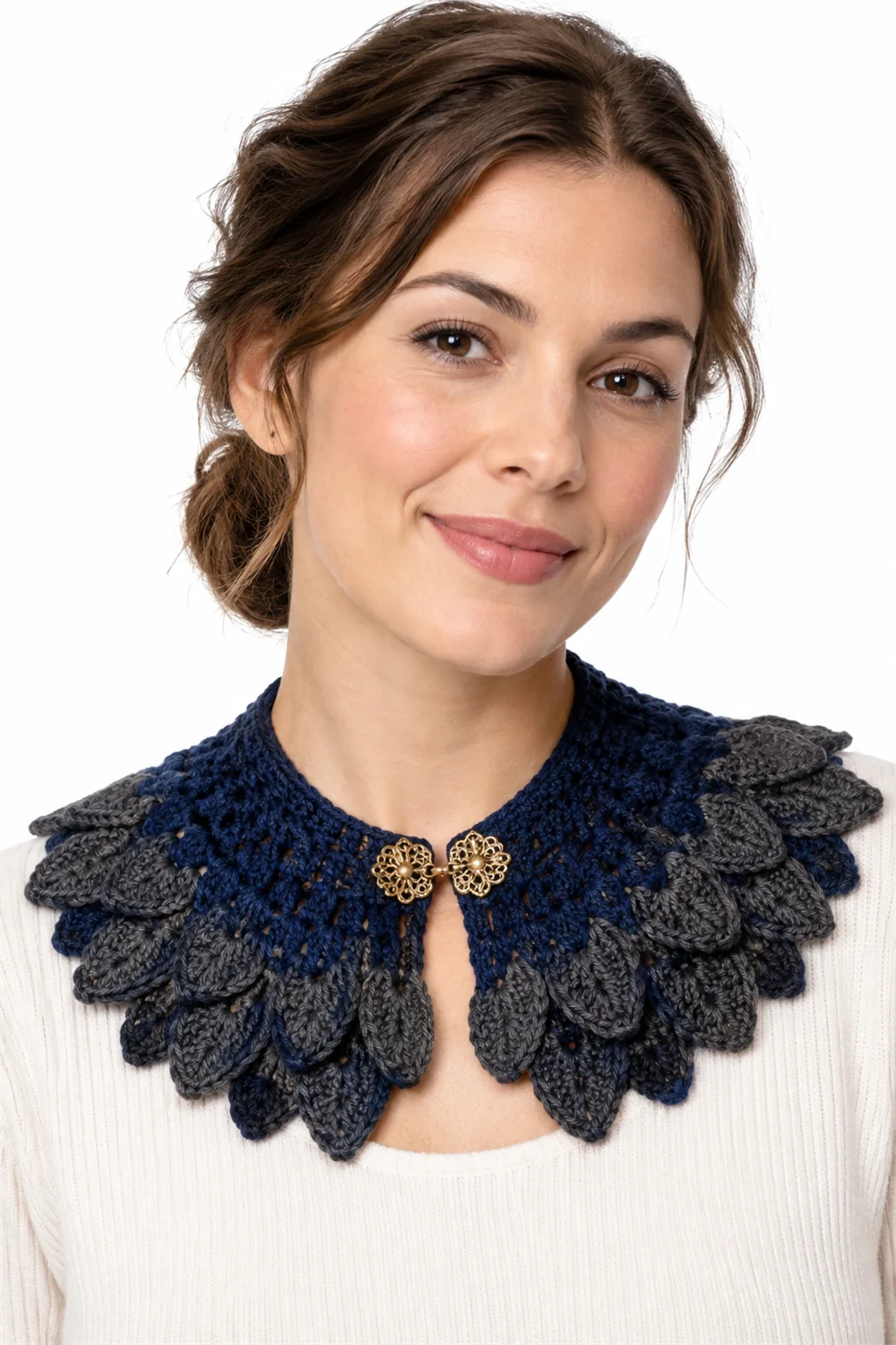 Navy blue crochet collar with raven feather texture