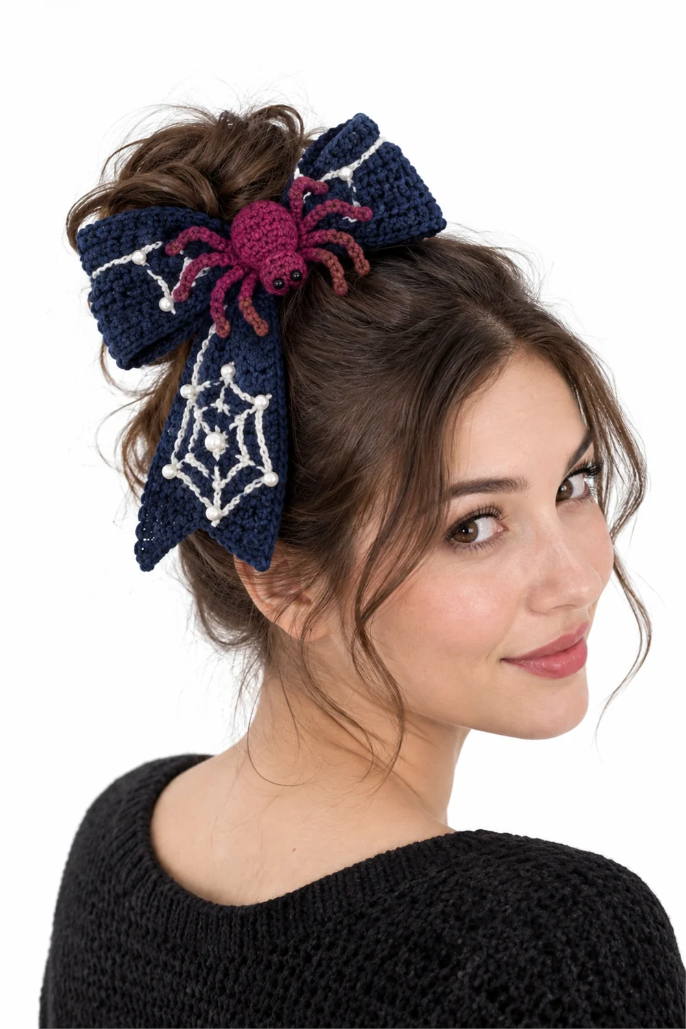 Navy blue crochet hair bow with spider detail