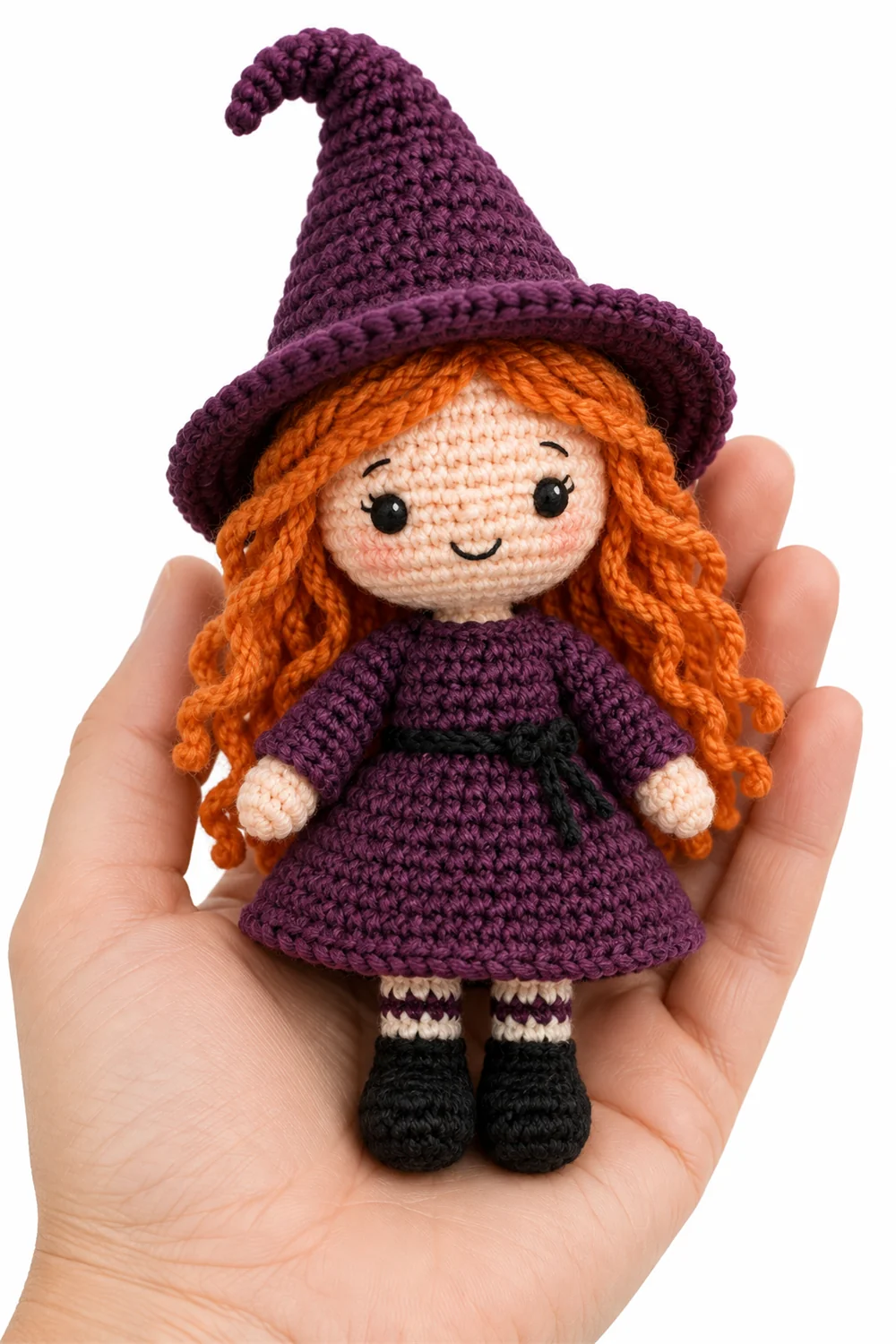 Crochet witch amigurumi with bright orange hair and pointed hat