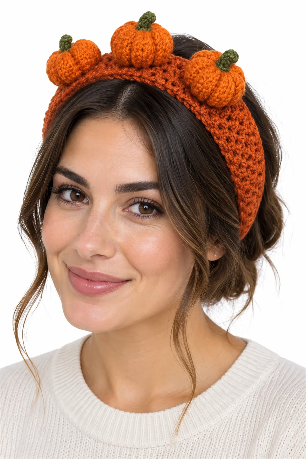 Orange crochet pumpkin headband for Halloween