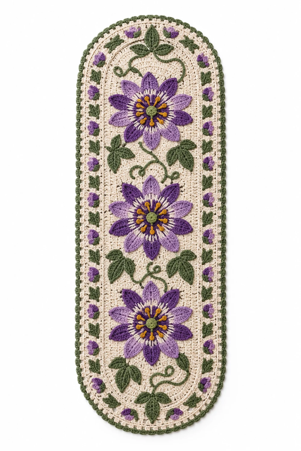 Double arch crochet runner rug with passionflower wheel motifs