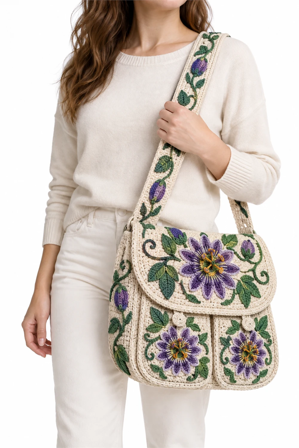 Messenger crochet bag with twin pockets and passionflower wheel motifs