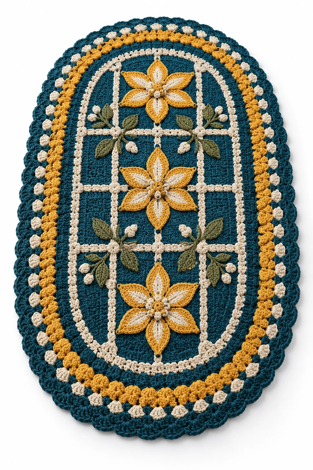 Petrol blue oval crochet rug with clematis star border
