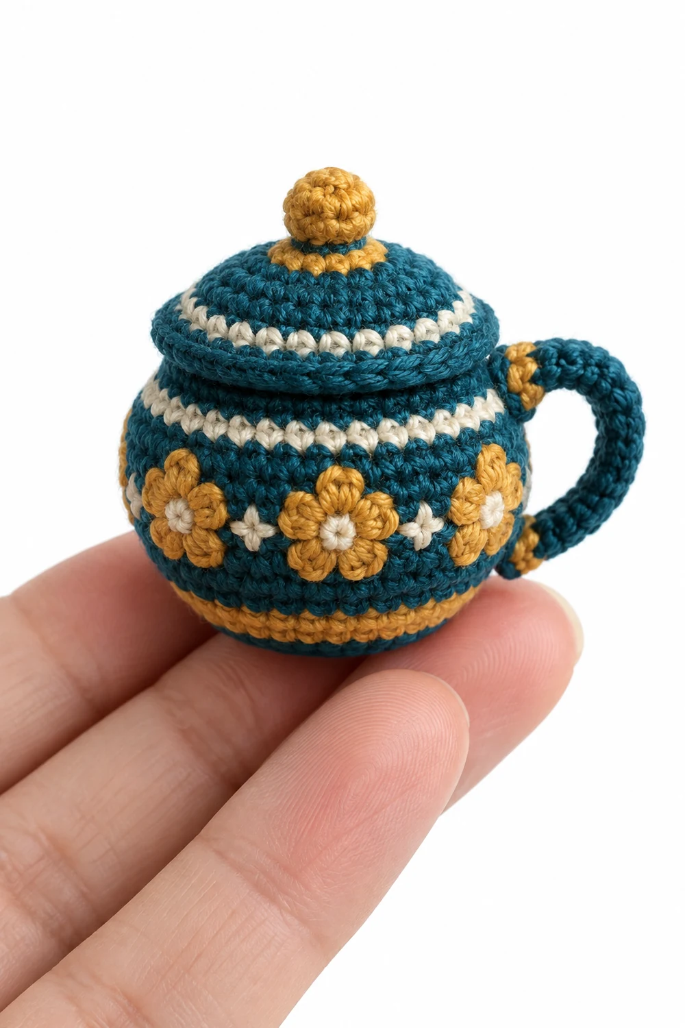 Miniature petrol blue crochet lidded lacquer vessel with side handle
