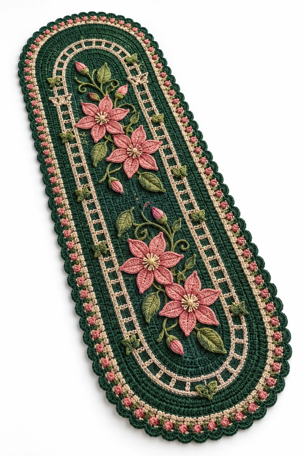 Pine green capsule shaped crochet runner rug with clematis trellis