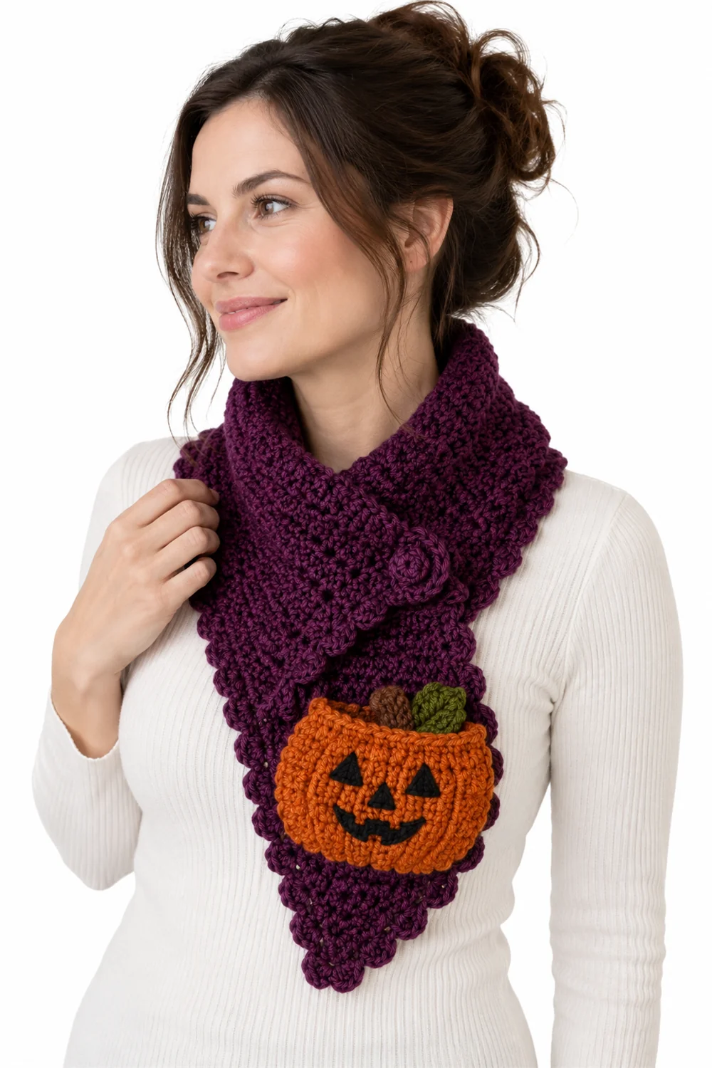 Plum purple crochet collar scarf with pocket detail