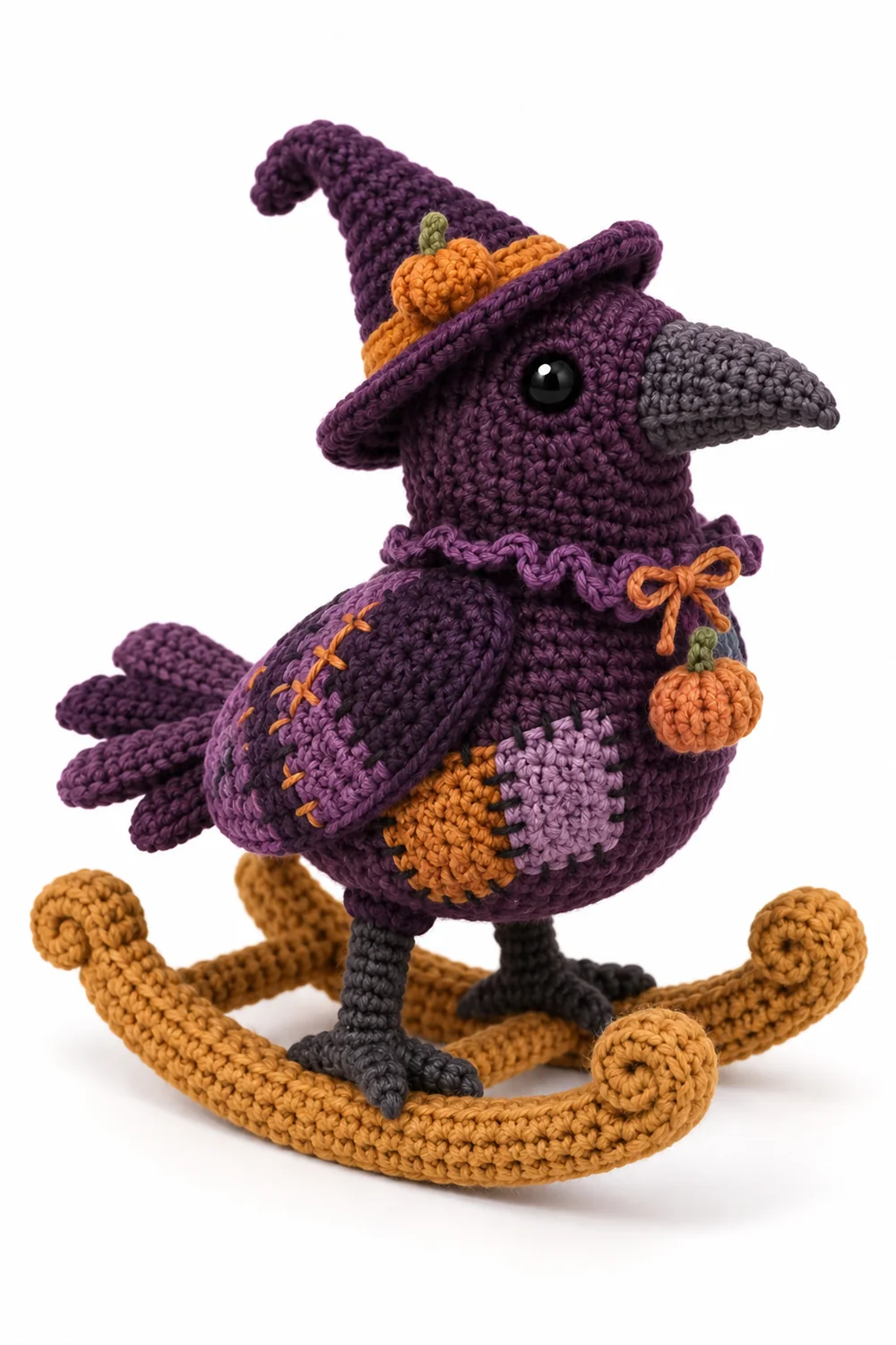 Plum purple crochet patchwork rocking raven toy
