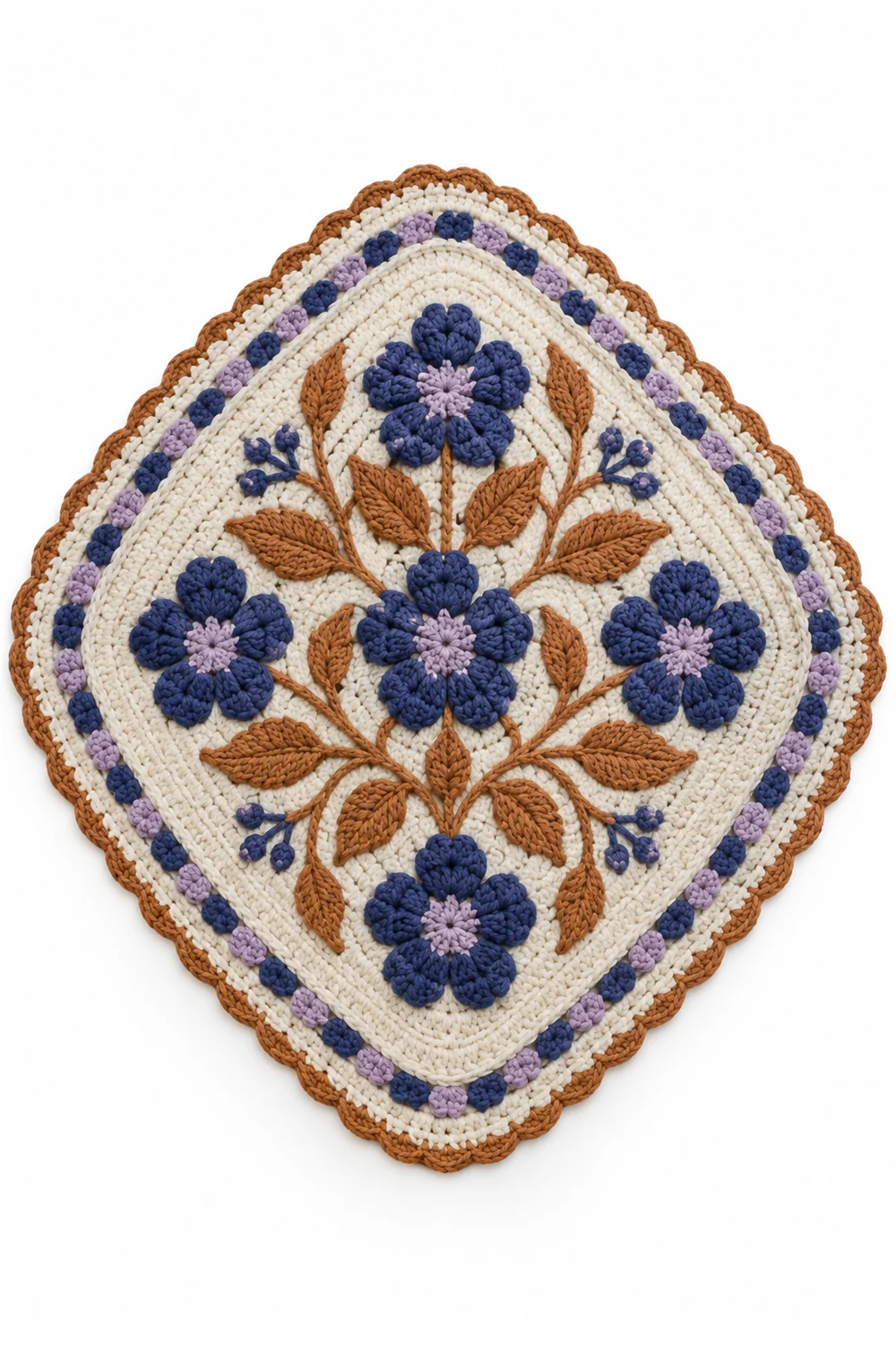 Rounded diamond shaped crochet rug with plumbago flower clusters
