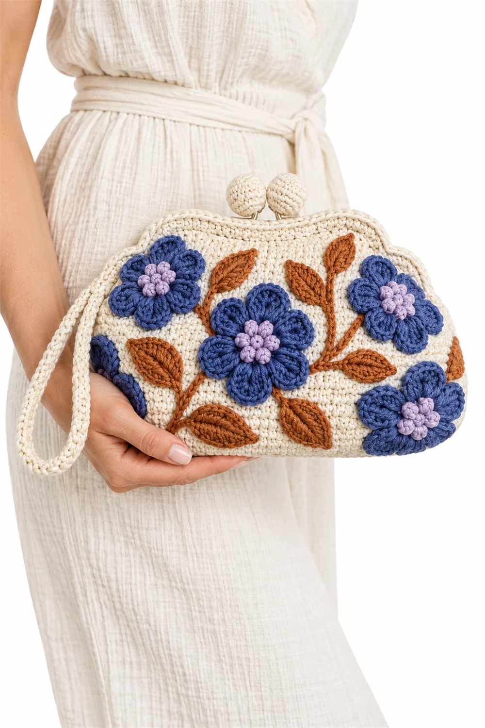 Scalloped frame clutch crochet bag with plumbago blossom clusters