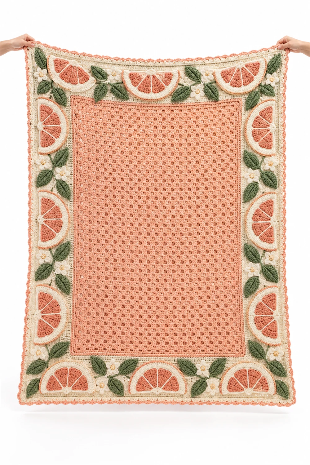 Crochet throw with pomelo pale relief border texture