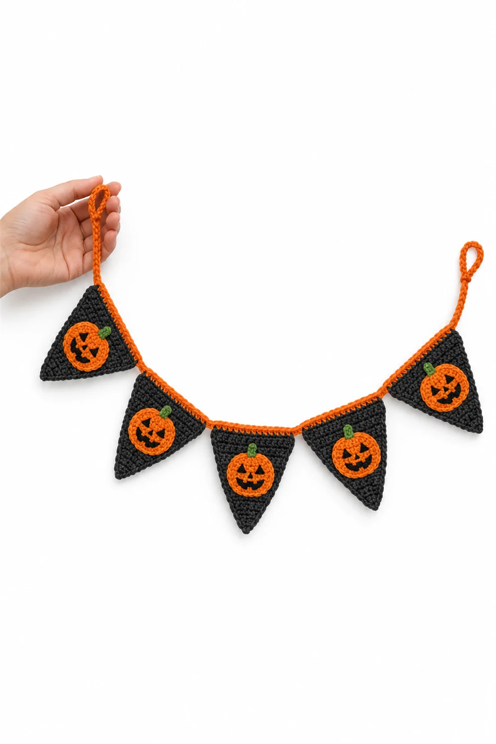 Crochet Halloween garland with pumpkin pennant flags