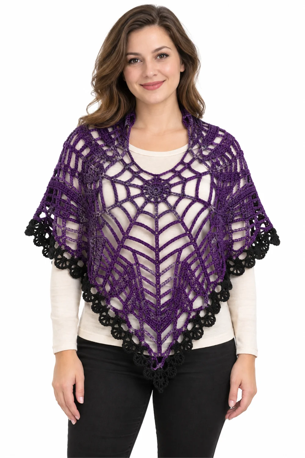 Purple crochet spiderweb shawl for Halloween