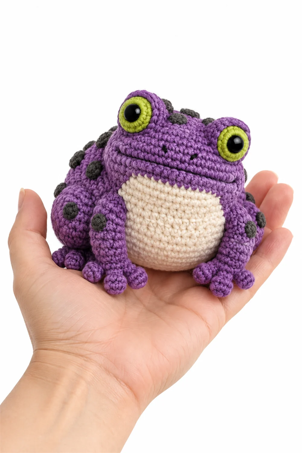 Purple crochet toad amigurumi with spooky charm