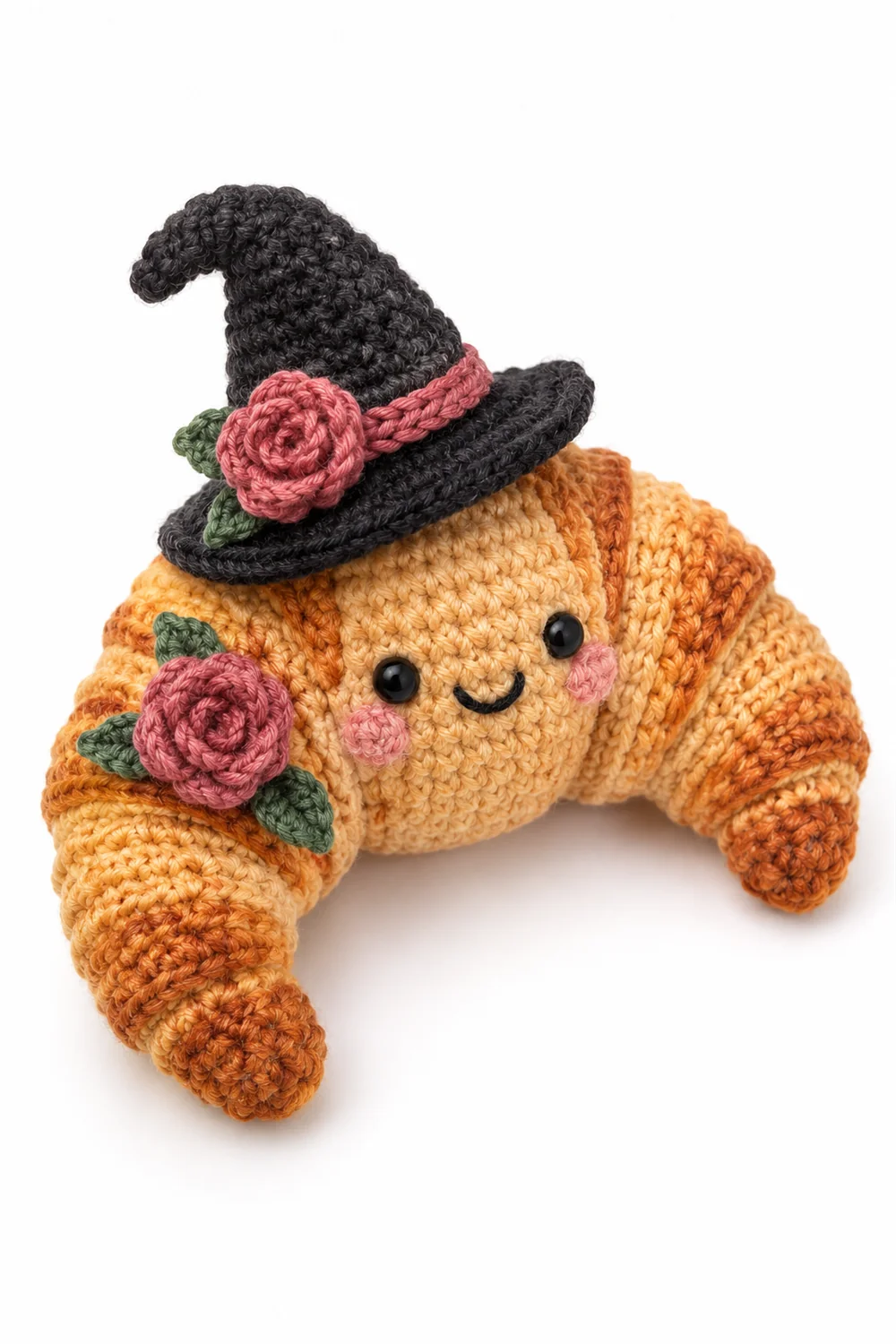 Rose pink crochet croissant witch with pointed hat