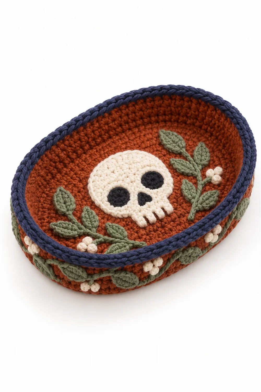 Rust orange crochet skull-shaped jewelry dish
