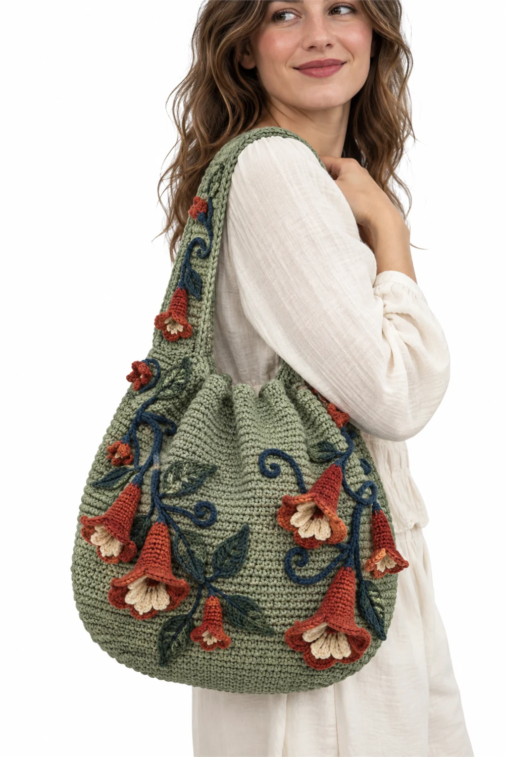 Cinched hobo crochet bag with trumpet vine curl pattern