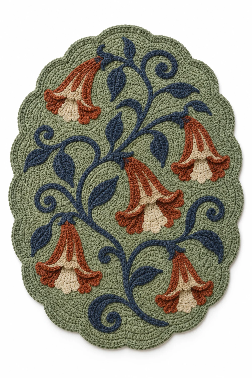 Lobed oval crochet rug with trumpet vine curl pattern