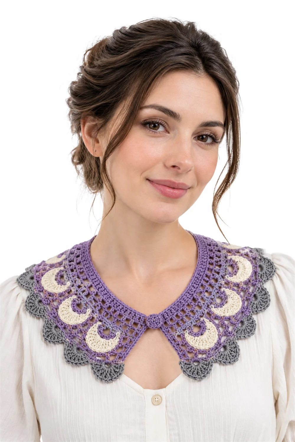 Violet crochet lace collar with crescent moon motif