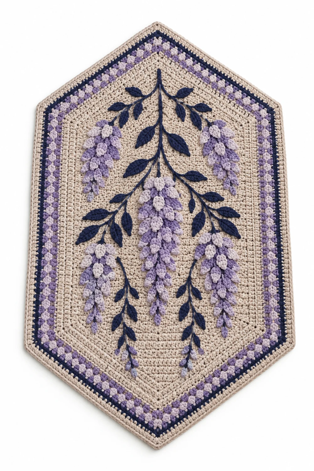 Elongated hexagon crochet rug with wisteria cascade design