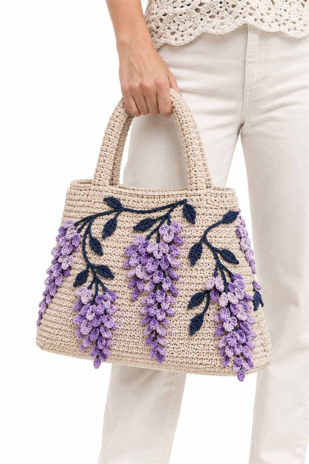 Trapezoid crochet handbag with wisteria cascade floral design